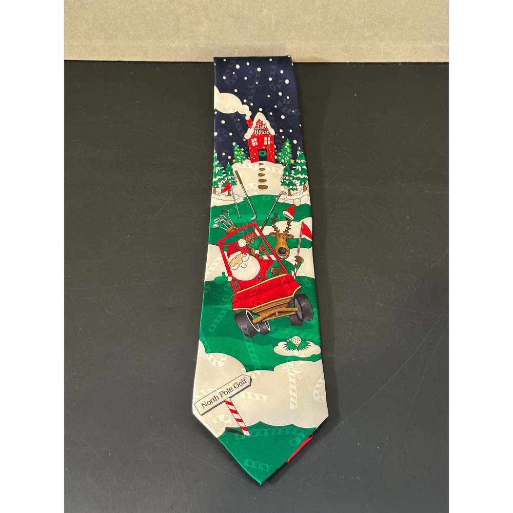 Hallmark Yule Tie Greetings North Pole Golf Santa Reindeer Christmas‎ Necktie